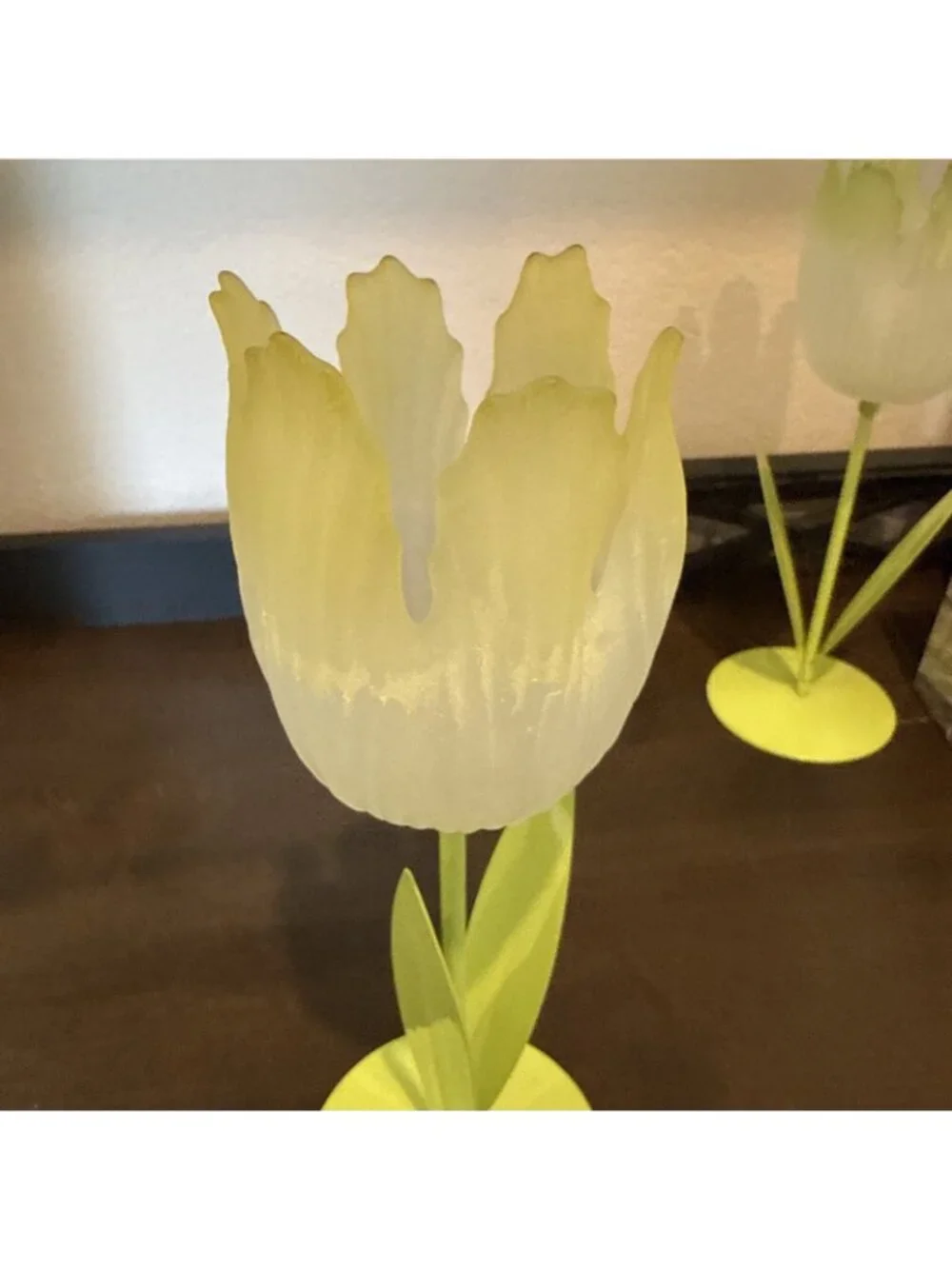 Vtg Lime - Yellow Frosted Tulip Flower Votive Tea Light Candle Holders Glass Mtl